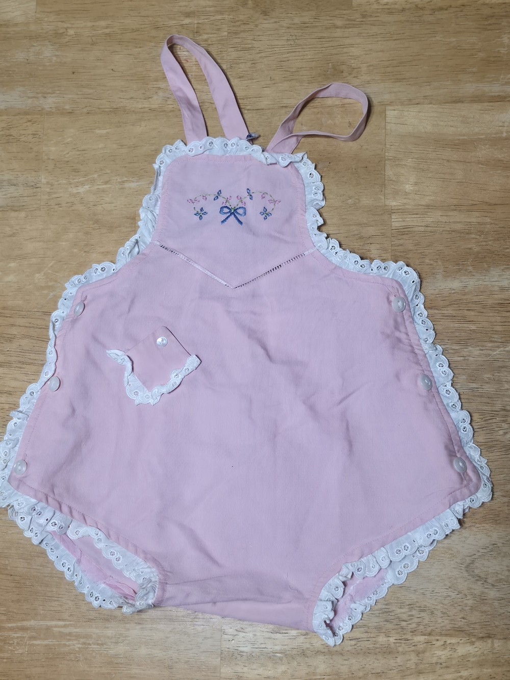 Vintage Kalel Baby Girl 3T Button Up Lacey Apron Romper Hand Made